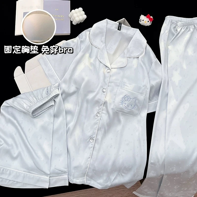 冰丝睡衣女薄款短袖长裤短袖三件套简约开衫翻领休闲家居服套装夏