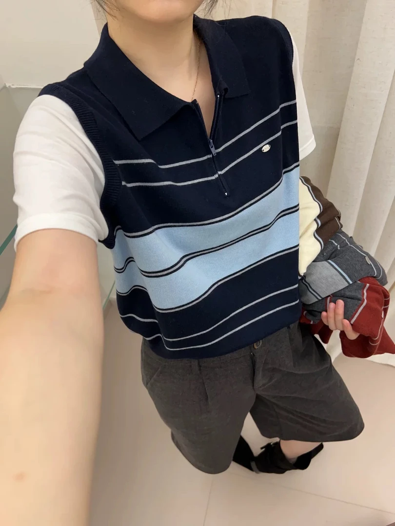 早秋假两件休闲小方领短袖常规款款拼接毛针织衫夏季小众甜辣风