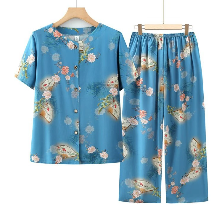 中老年开衫棉绸睡衣女夏季奶奶短袖套装妈妈人造棉家居服老人衣服