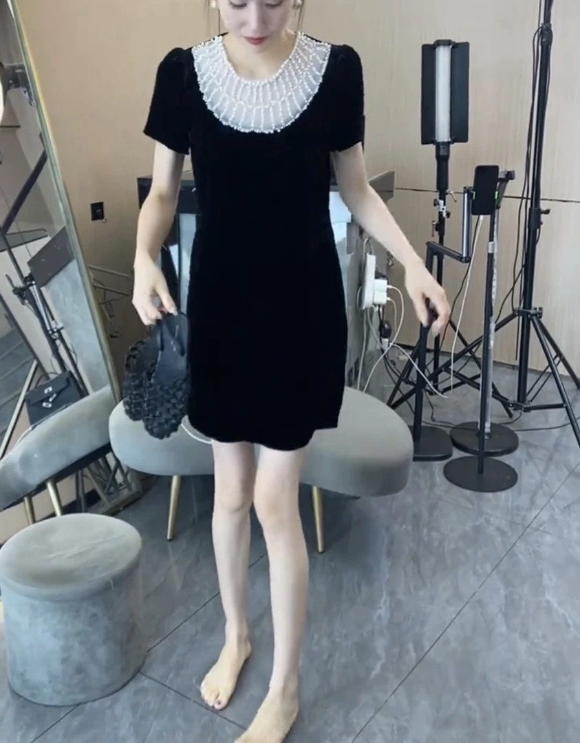 夏季新款重工钉珠丝绒短袖圆领连衣裙女款时尚百搭显瘦