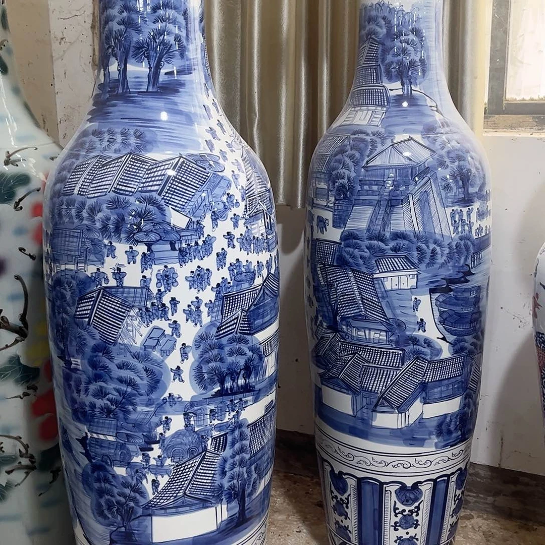 潇***回陶景德镇落地大花瓶手绘高度1.8左右一对