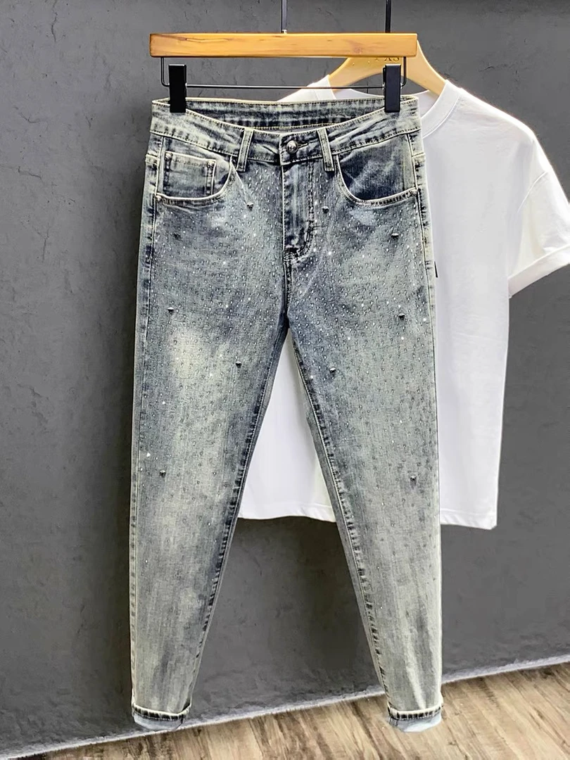 夏季薄款高街蓝天星烫钻做旧蓝牛仔裤男潮流修身小脚长裤子欧洲站