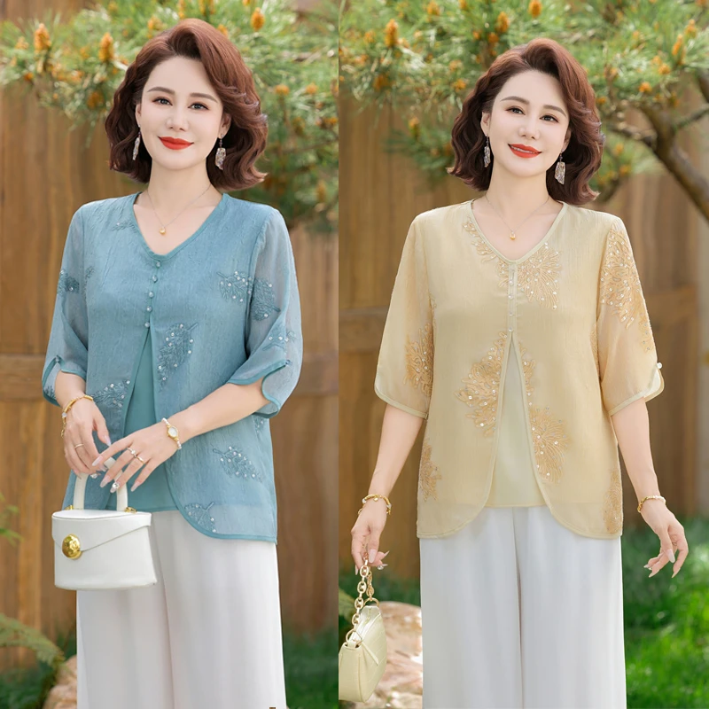 中老年女装妈妈装V领时尚百搭小衫夏季薄款新款显气质