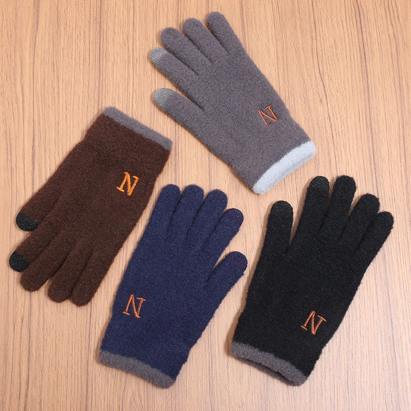 秋冬季触屏手套男士新款加厚加绒毛线保暖户外骑行防寒针织手套T