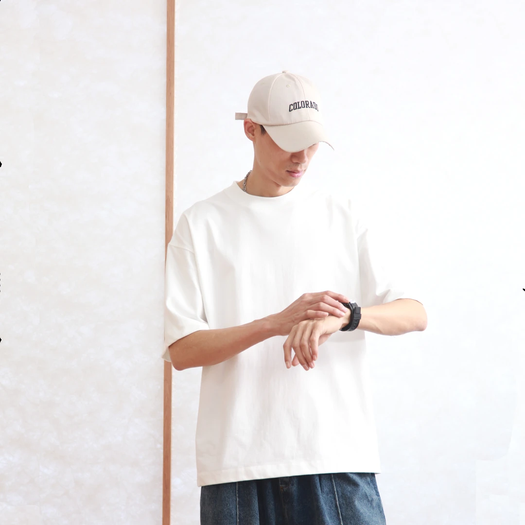 X-6正常领口320克重磅纯棉短袖T恤男宽松落肩五分袖上衣不卡脖子