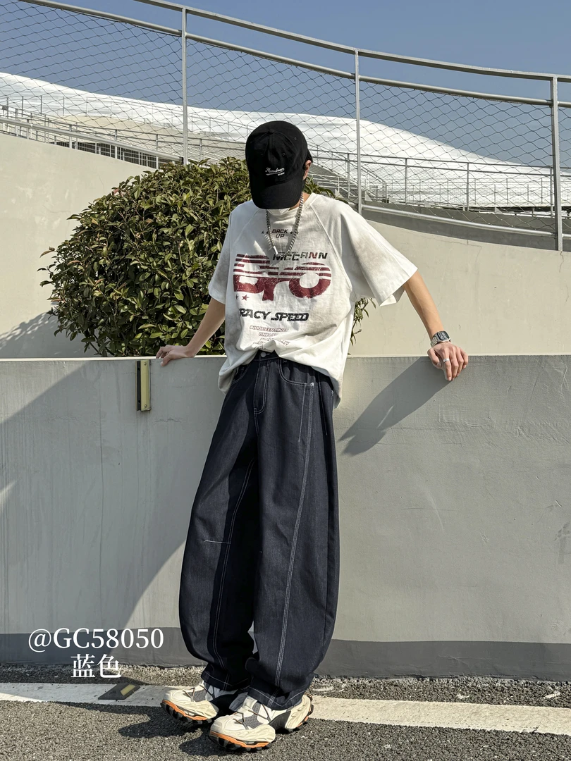 宽松型青春活力嘻哈风复古牛仔裤工装裤休闲裤裤子宽松韩版潮流