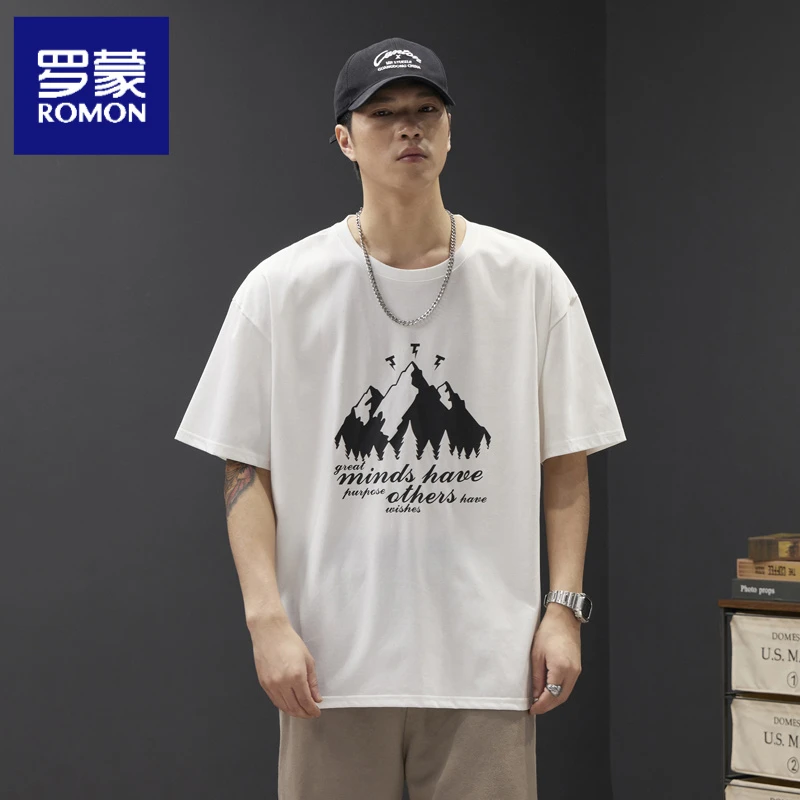 罗蒙2025年夏季新品T恤短袖潮流雪山圆领棉宽松舒适港风圆领落肩