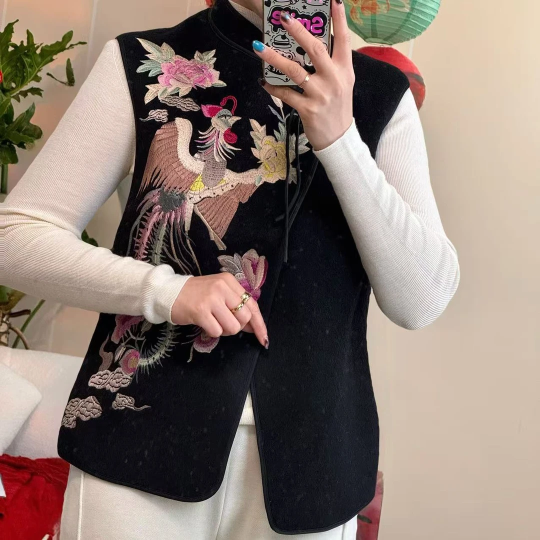 麦麦定制羊毛凤凰刺绣马甲新中式国风背心