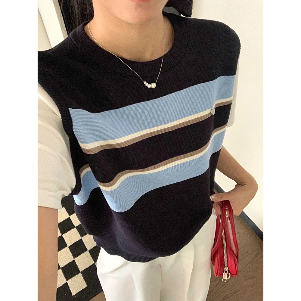 撞色圆领韩系独特漂亮上衣女夏季小个子别致时尚洋气假两件针织衫