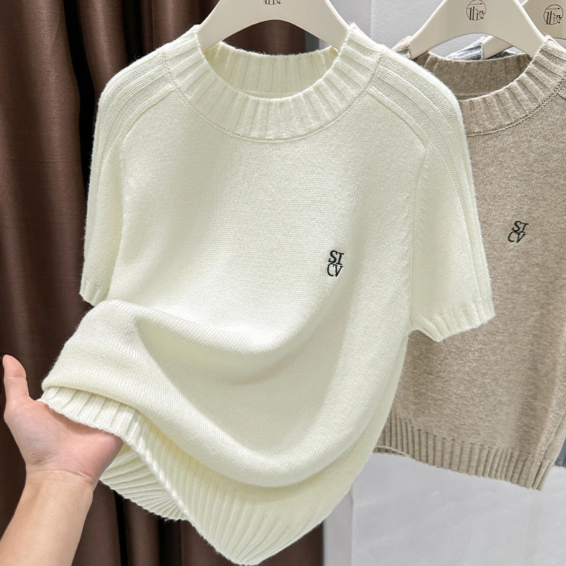 白色正肩圆领短袖打底衫2025秋季设计感外穿绣花针织衫洋气上衣女
