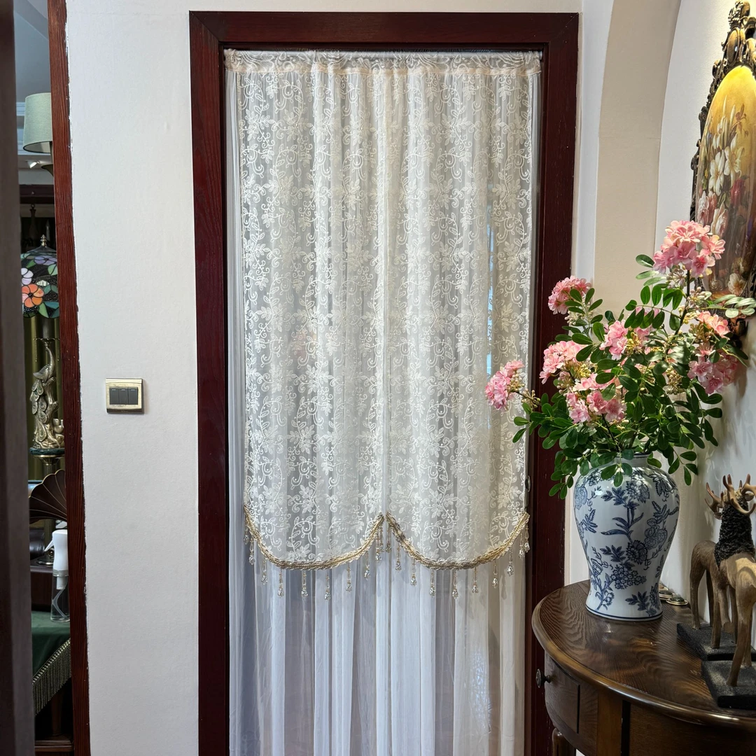 蔓藤高定刺绣吊珠双层长门帘家用免打孔卧室氛围感隔断纱帘