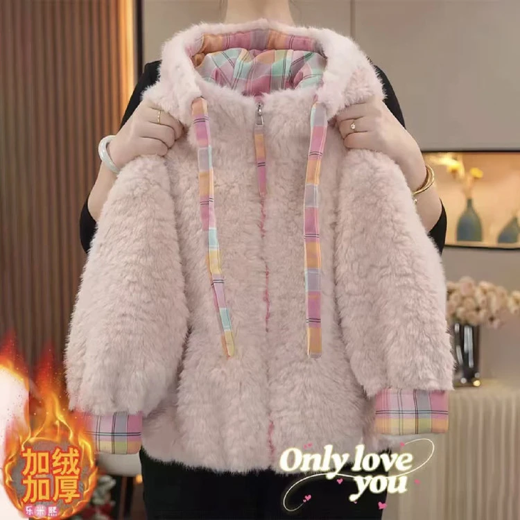 女童冬季加绒毛毛衣2025新款洋气中大童冬装夹棉加厚保暖连帽外套