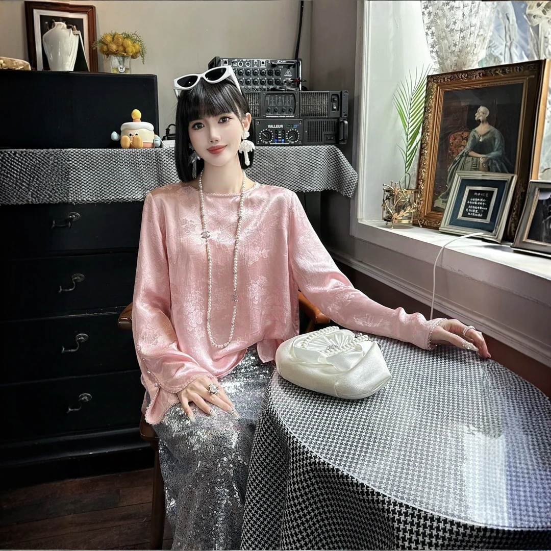 《依家》中国风圆领醋酸皱提花重工订珠百搭套头式长袖衬衫