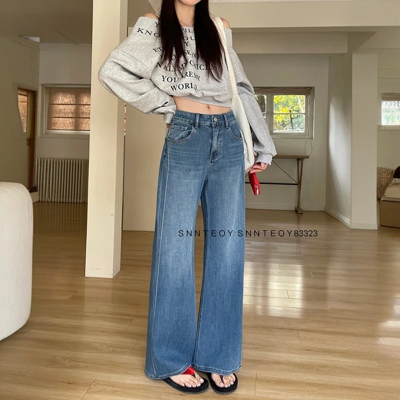 代嘉儿daiclaire牛仔裤女2025秋季高腰显瘦蓝色直筒阔腿裤83323