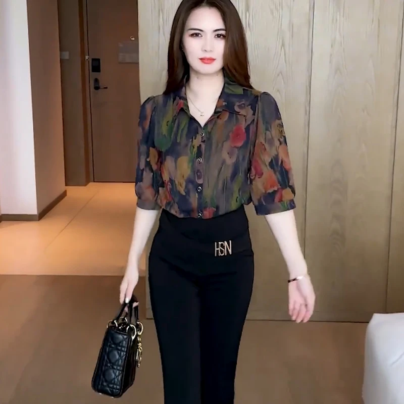2024夏季新款时尚印花衬衫女洋气宽松遮肚子显瘦薄款漂亮小衫上衣