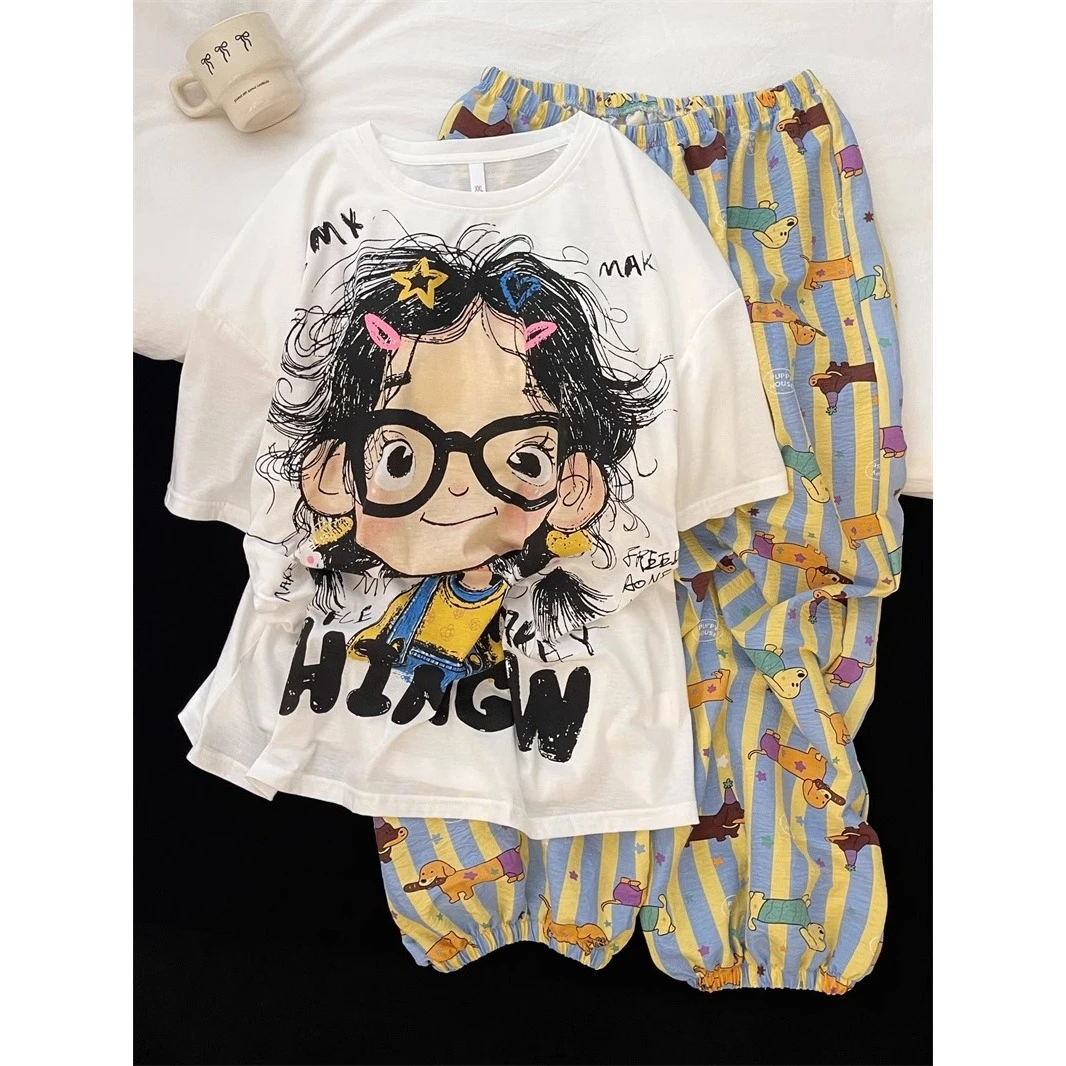 韩系可爱卡通女孩印花短袖睡衣女夏款可外穿遛弯家居服长裤两件套