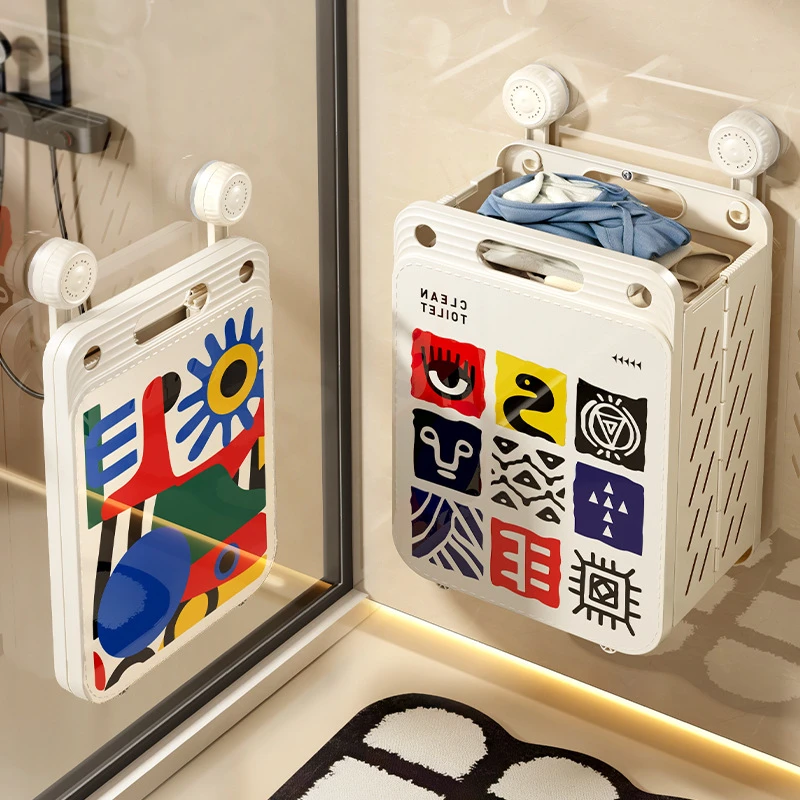吸盘新款脏衣篮浴室壁画折叠脏衣篮收纳筐洗澡放衣服神器壁挂式