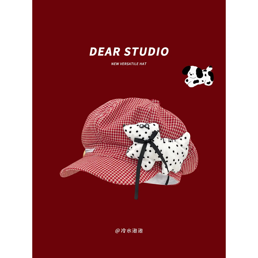 日系y2k斑点小狗复古八角帽子女夏季甜美百搭大头围显脸小云朵帽