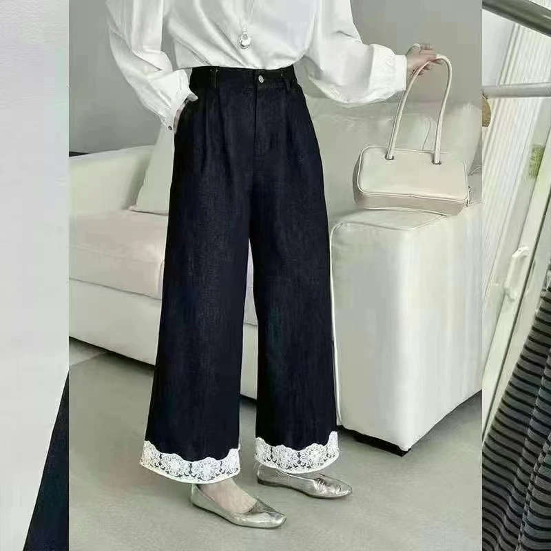 7237番外夏季新款韩系复古蕾丝拼接牛仔阔腿裤女