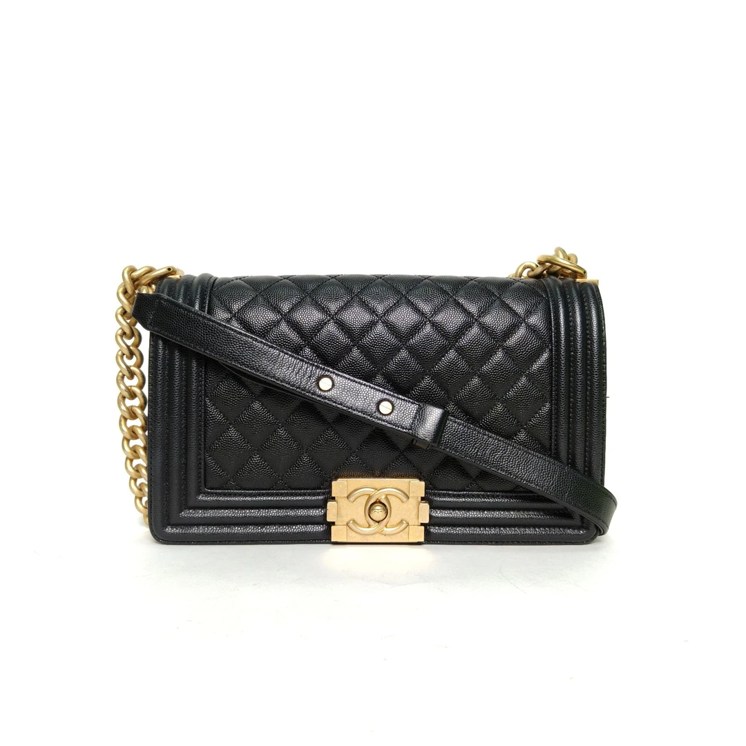 95新 Chanel/香奈儿 黑黑 Leboy 中号 黑色 29开 金扣 菱格纹