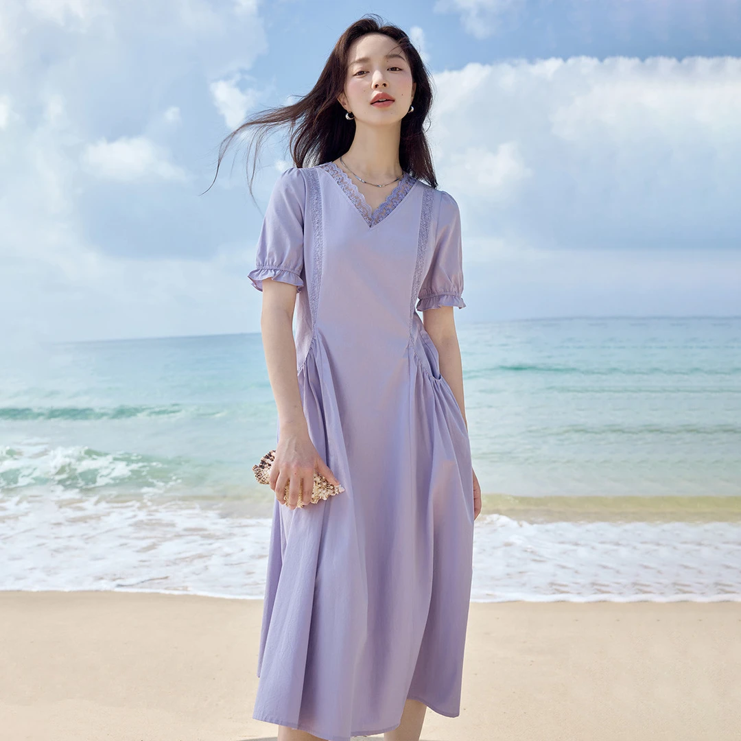 纯棉法式欧若风松弛感连衣裙2025夏季气质蕾丝V领高级感长裙