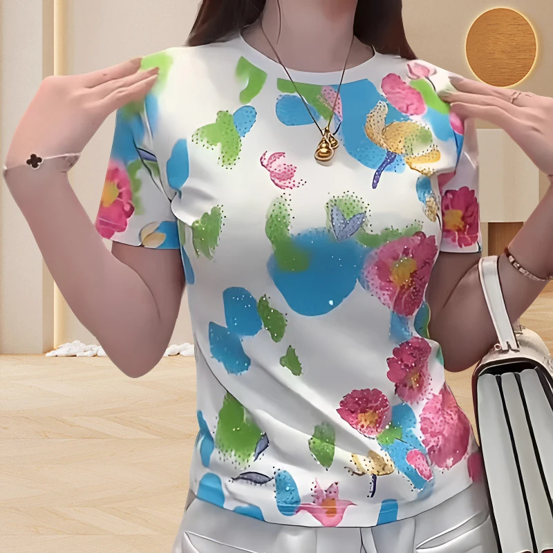 重工烫钻彩色印花t恤女款2025夏季新款时髦洋气别致显瘦短袖上衣