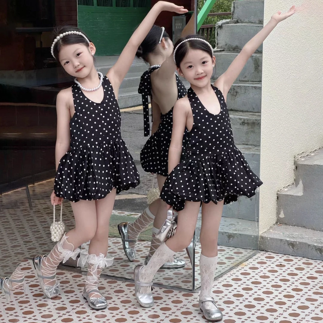 女童花苞蓬蓬荷叶边波点吊带衫无袖挂脖背心上衣小辣中小童连衣裙