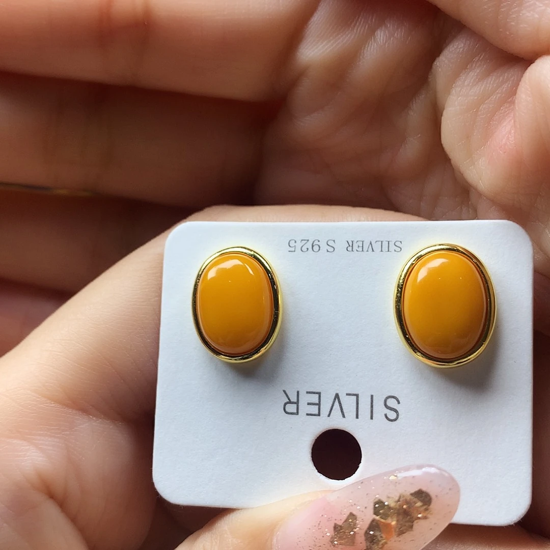 银S925镶嵌蜜蜡耳饰耳钉