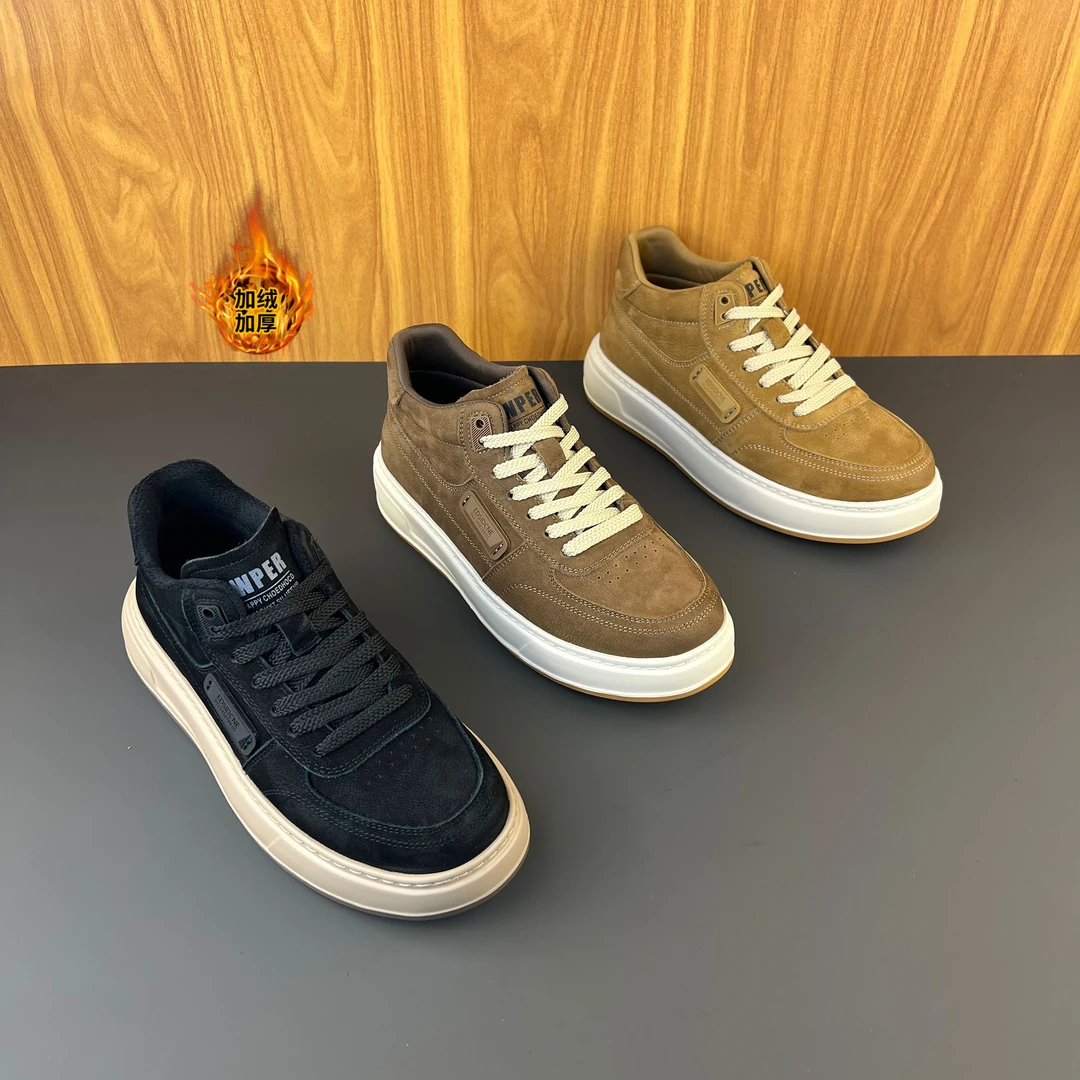 2025秋冬新款头层牛皮中帮休闲皮鞋男士轻透增高百搭厚底时尚男鞋
