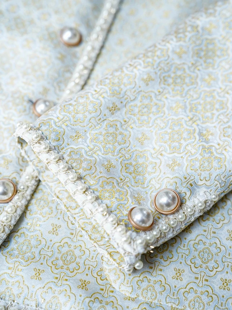 菁菁古韵｜欧若风｜上久楷织金浅金蓝菱纹定胜新中式宋锦小香风外套