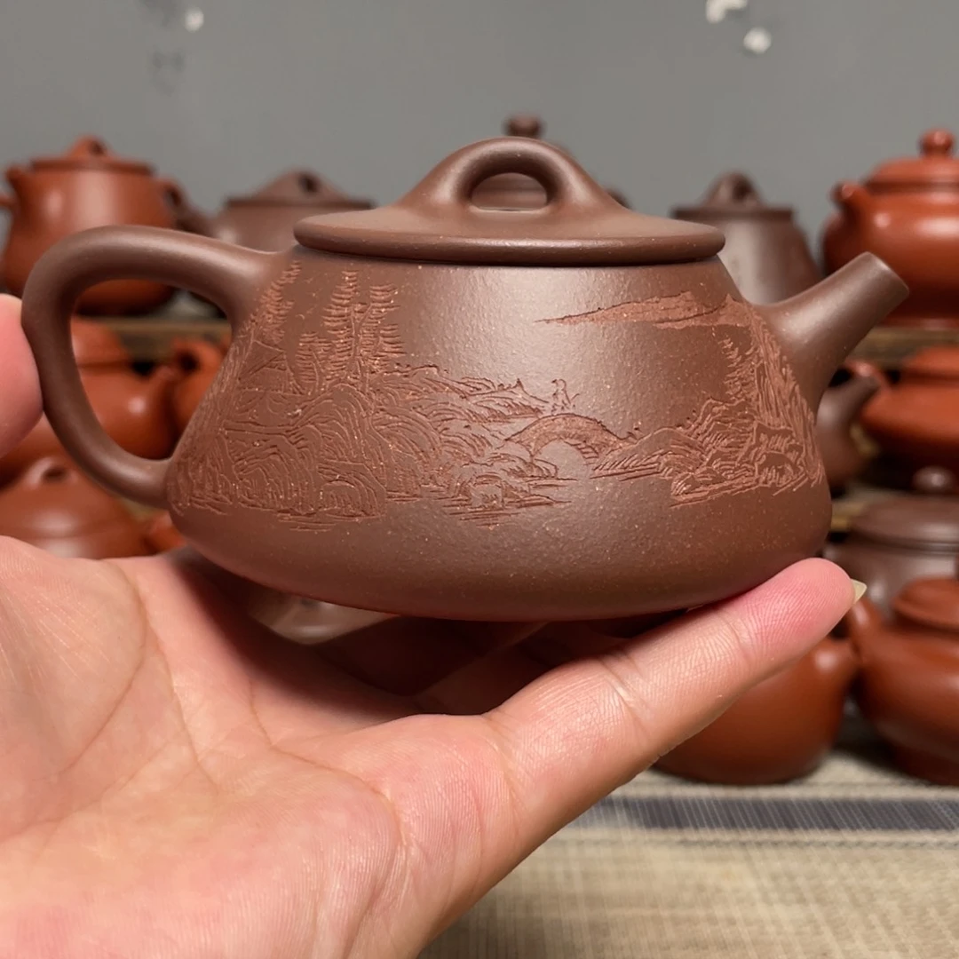 平盖石瓢（山水）-原矿底槽清-240容量-全手工拍打成型-手工紫砂壶