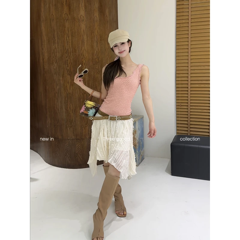 三吉辣妹修身提花背心女荷叶边拼接上衣Y725U00413