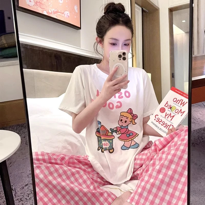 夏季新款清新格子睡衣女薄款莫代尔短袖长裤日系家居服套装可外穿