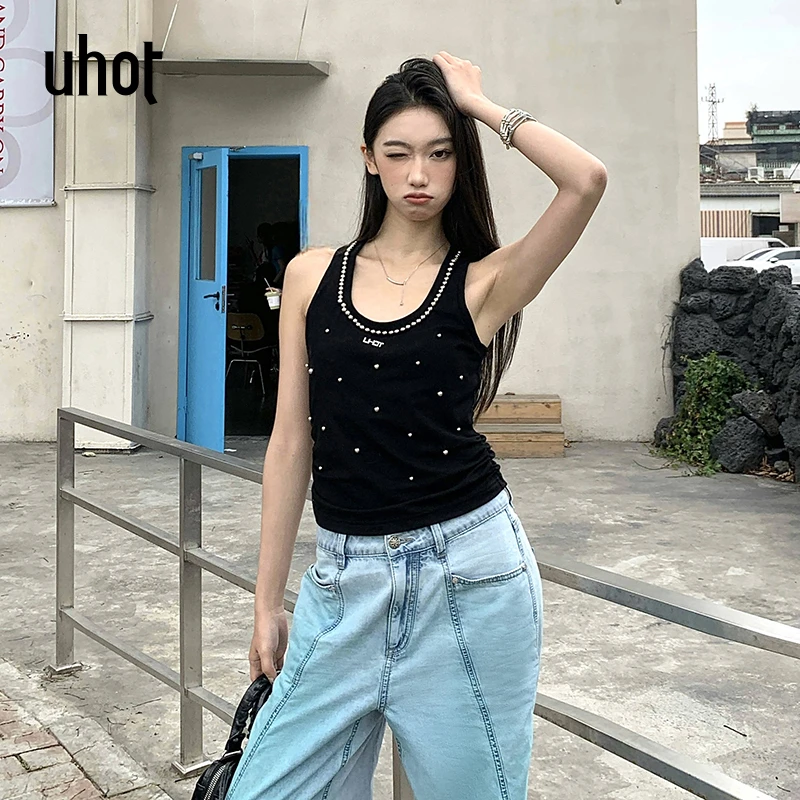 UHOT 黑色钉珠装饰经典简约U领无袖上衣女装25春夏新款UWWR1N621M
