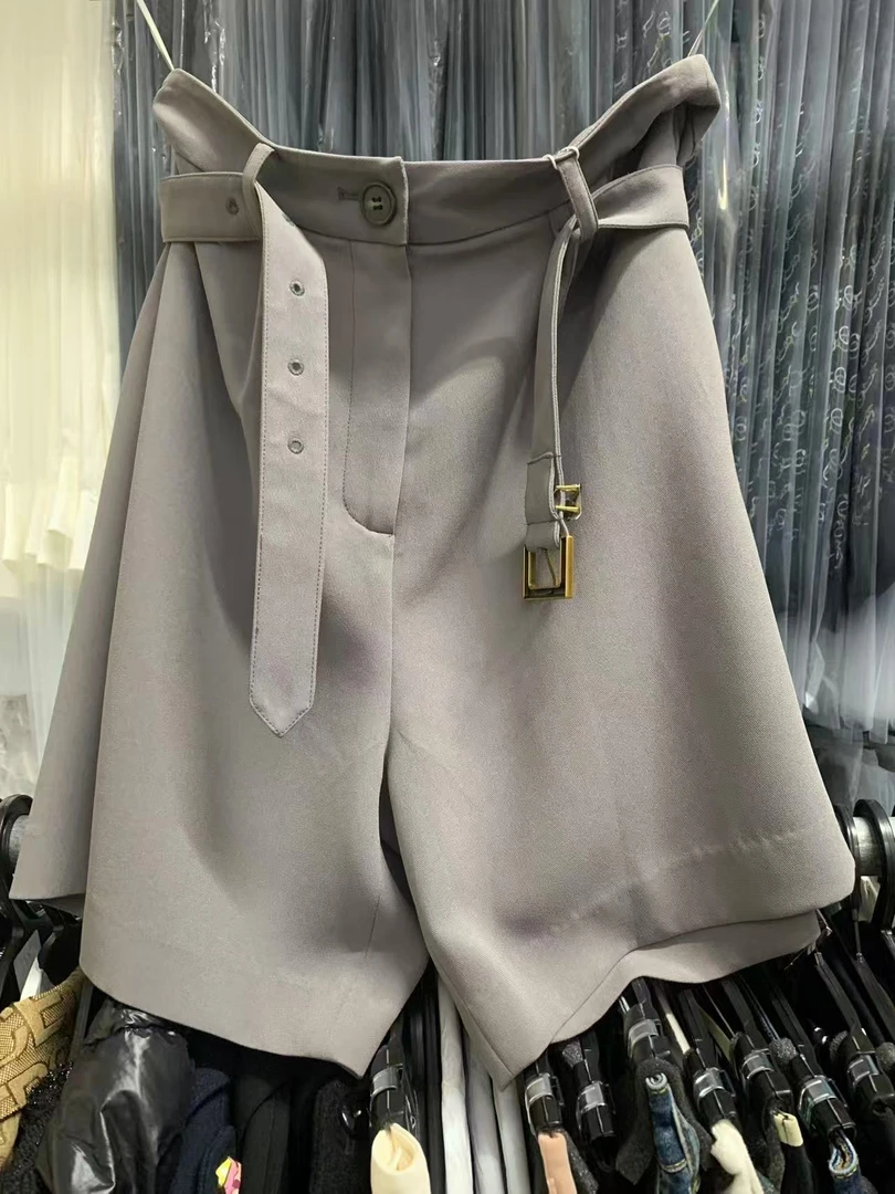 慕溢-233灰色夏季宽松带腰带气质短裤