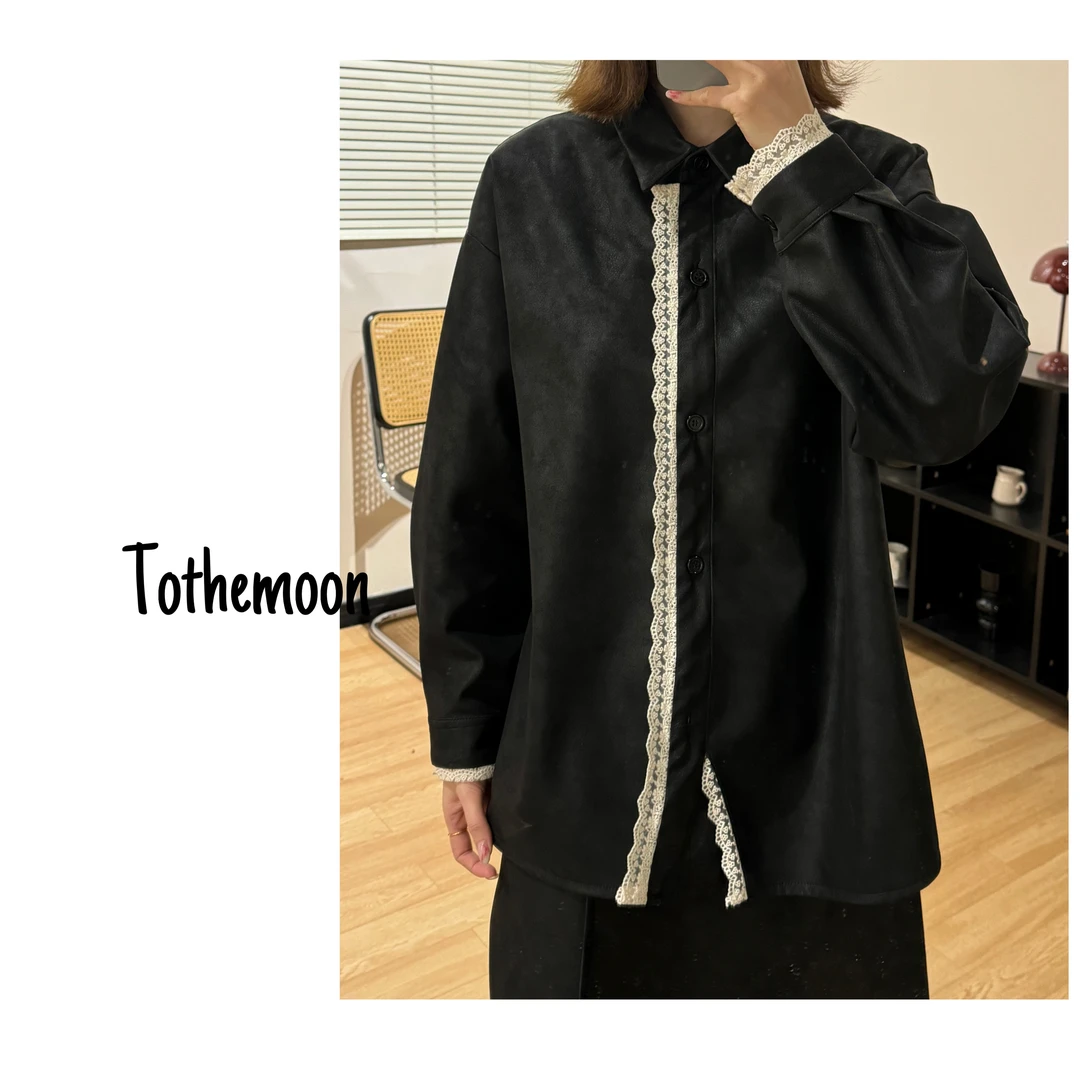 UpSd 原创【谜语】黑色蕾丝花边拼接显瘦皮衣外套休闲百搭宽松外套