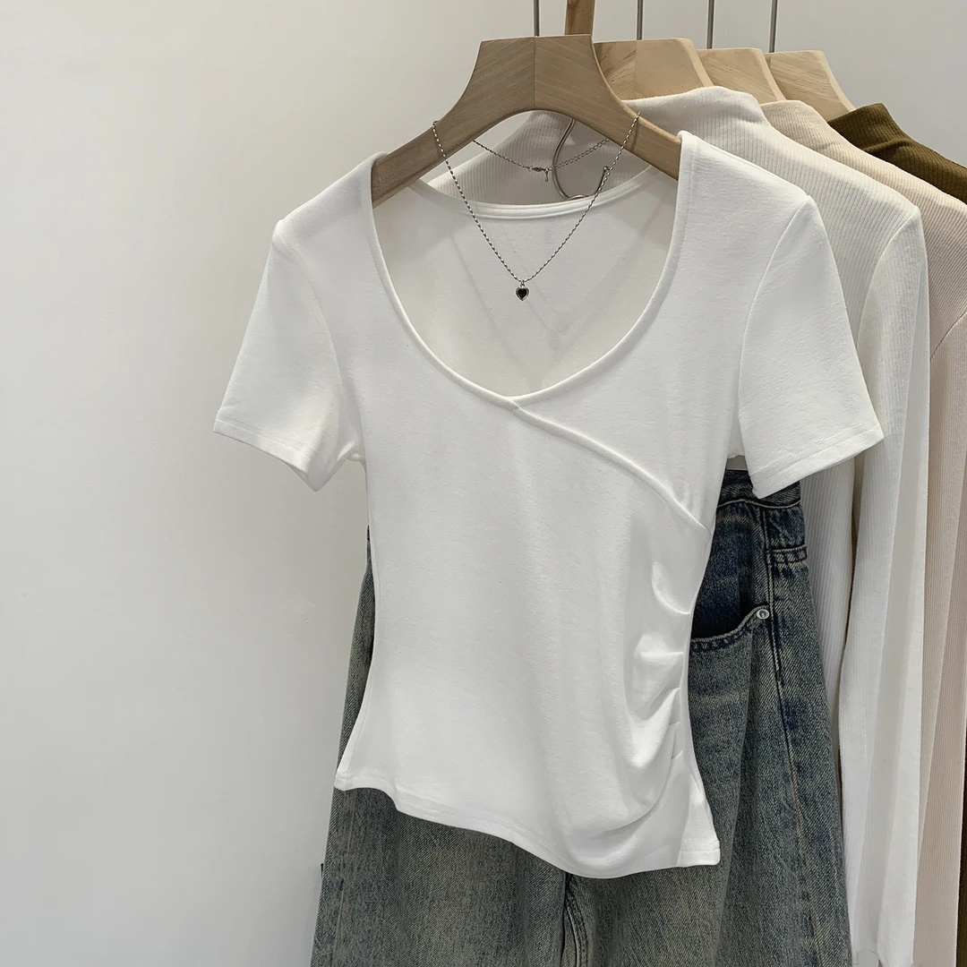【部分现】小众交叉V领短袖T恤女2025新款褶皱收腰独特上衣250543