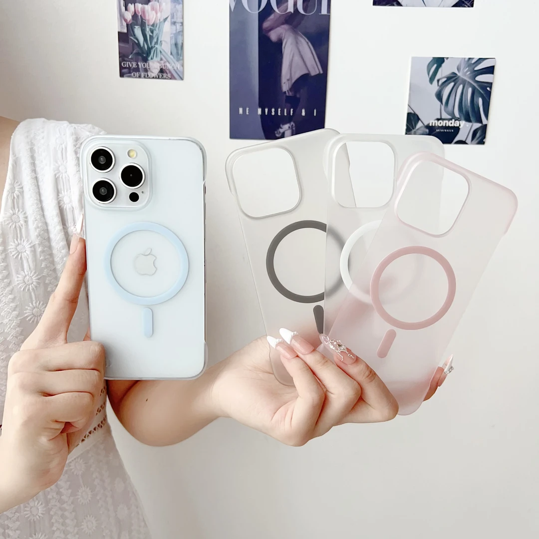 适用苹果16ProMax无边框肤感手机壳iphone15Plus磁吸手机套14半透