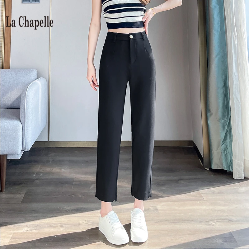 拉夏贝尔烟管裤女2025春季新款大码梨形小个子显瘦九分休闲西装裤