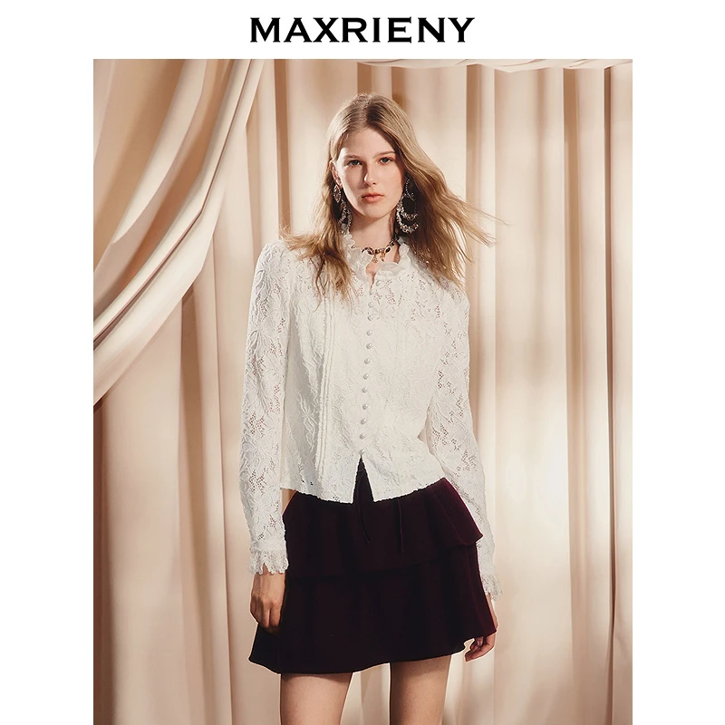 【商场同款】MAXRIENY宫廷复古衬衫女25冬款修身收腰波浪领上衣