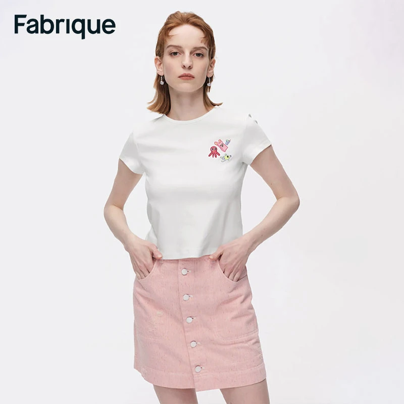Fabrique白色圆领手绘印花刺绣短款T恤简约百搭短袖T恤女278