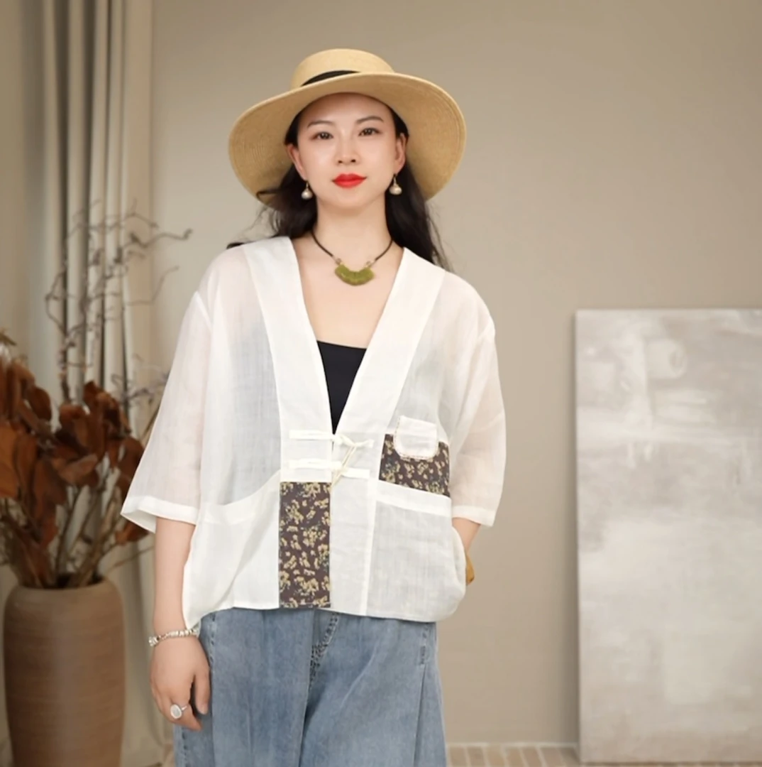 盘扣苎麻拼花开衫上衣女