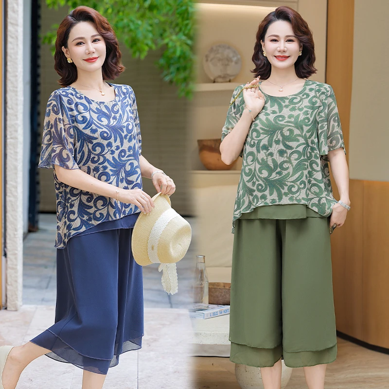 中年妈妈夏装洋气套装2025新款中老年女装夏季雪纺小衫短袖上衣服