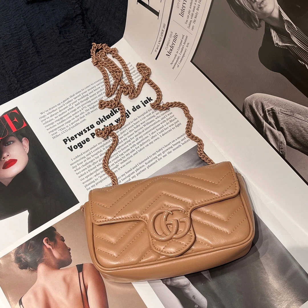 99新 GUCCI/古驰 Marmont马蒙mini 奶茶色单肩斜挎包