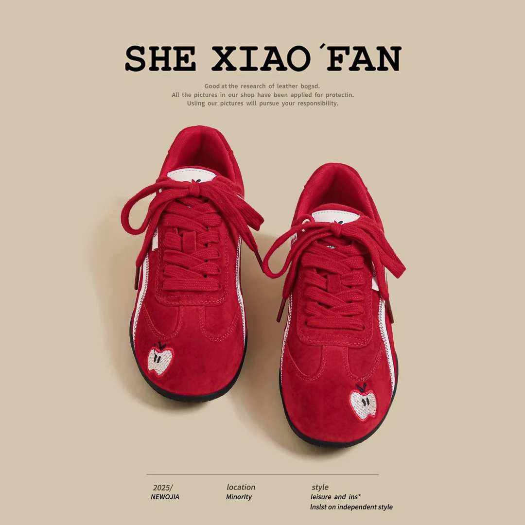 红色软底德训鞋女2025夏季新款透气百搭华夫休闲阿甘运动老爹鞋潮