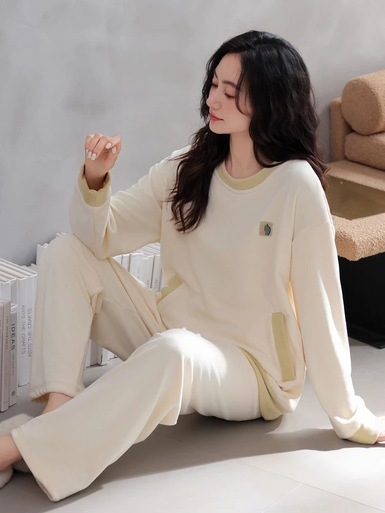 睡衣女秋冬款冬季假两件海岛绒家居服米白高级感法兰绒套装珊瑚绒