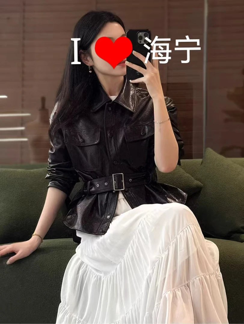 【芳雅唯思】【佳佳树林】海宁红人上新泡皮气质百搭翻领短款真皮外套