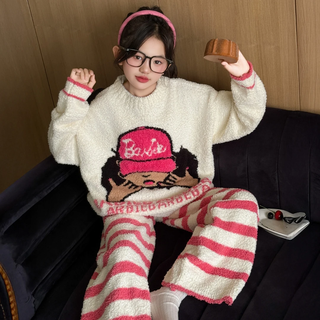 女童睡衣套装6-12岁潮款多巴胺高颜值套头半边绒儿童家居服加厚潮