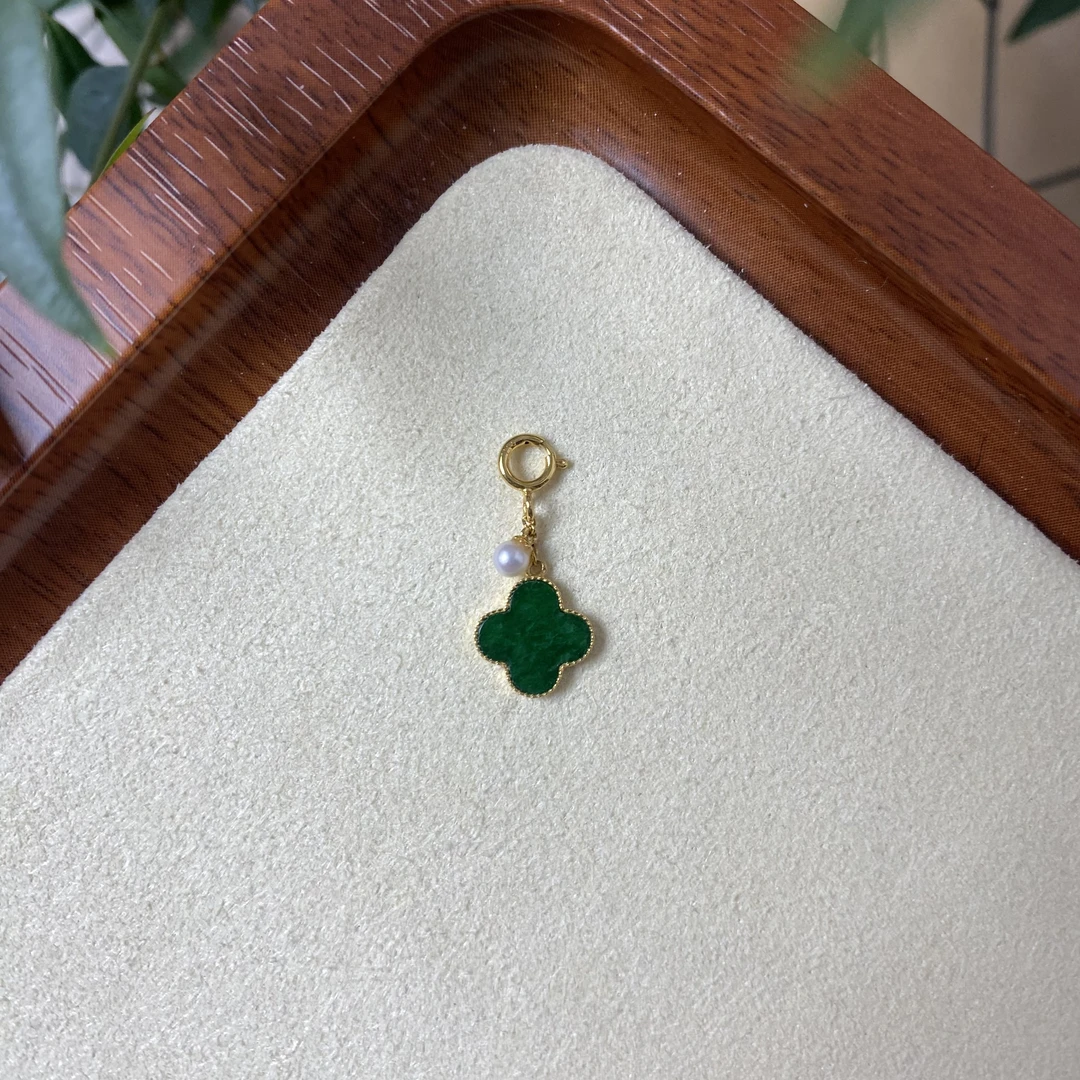 【珍珍严选】18K金镶翡翠满绿四叶草百搭扣吊坠-LL53