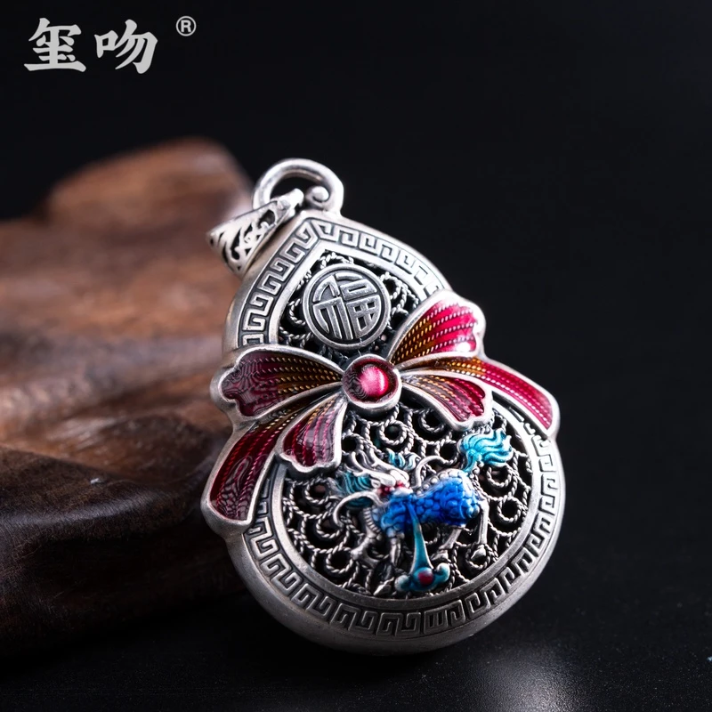 吊坠足银 【玺吻】足银999.9 蝴蝶结手工花丝葫芦吊坠（不含项链）